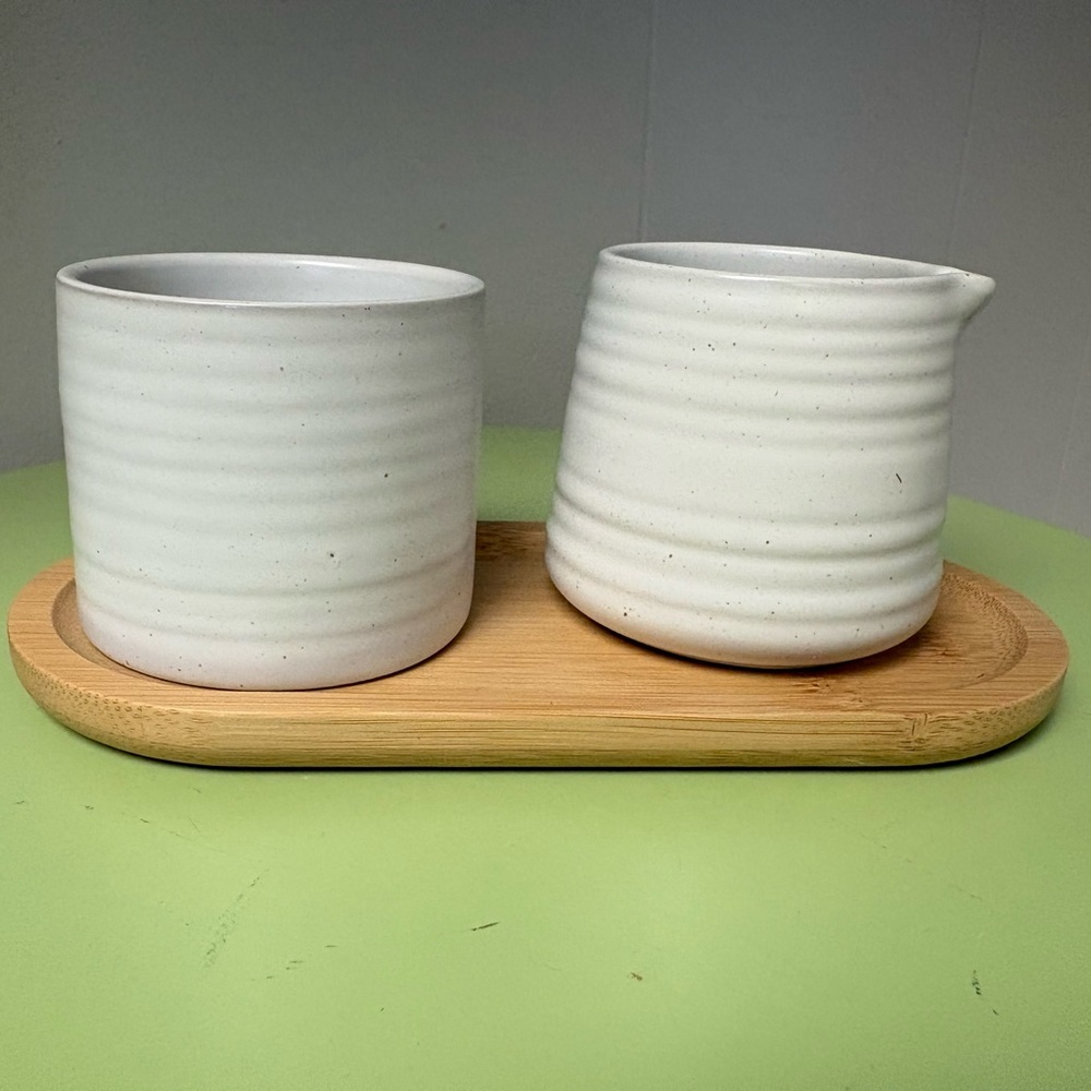 Nespresso Cream and Sugar Set on Bamboo Tray 4.4 Fluid Ounces Like New Condition